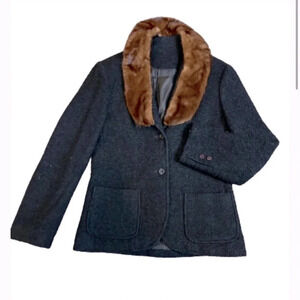 RENLYN 80’s VINTAGE BLAZER JACKET BLACK BROWN FUR TRIM WOOL TEXTURED SIZE MEDIUM